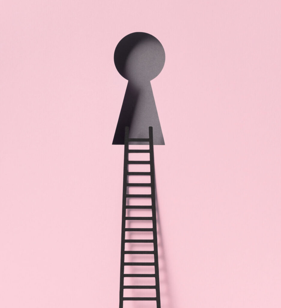 An image of an old-fashioned keyhole on a pink background with a ladder leading up to the keyhole