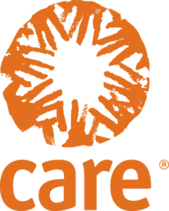 Logo for CARE International, with the word "CARE" in orange with a circular emblem made up of overlapping orange handprints
