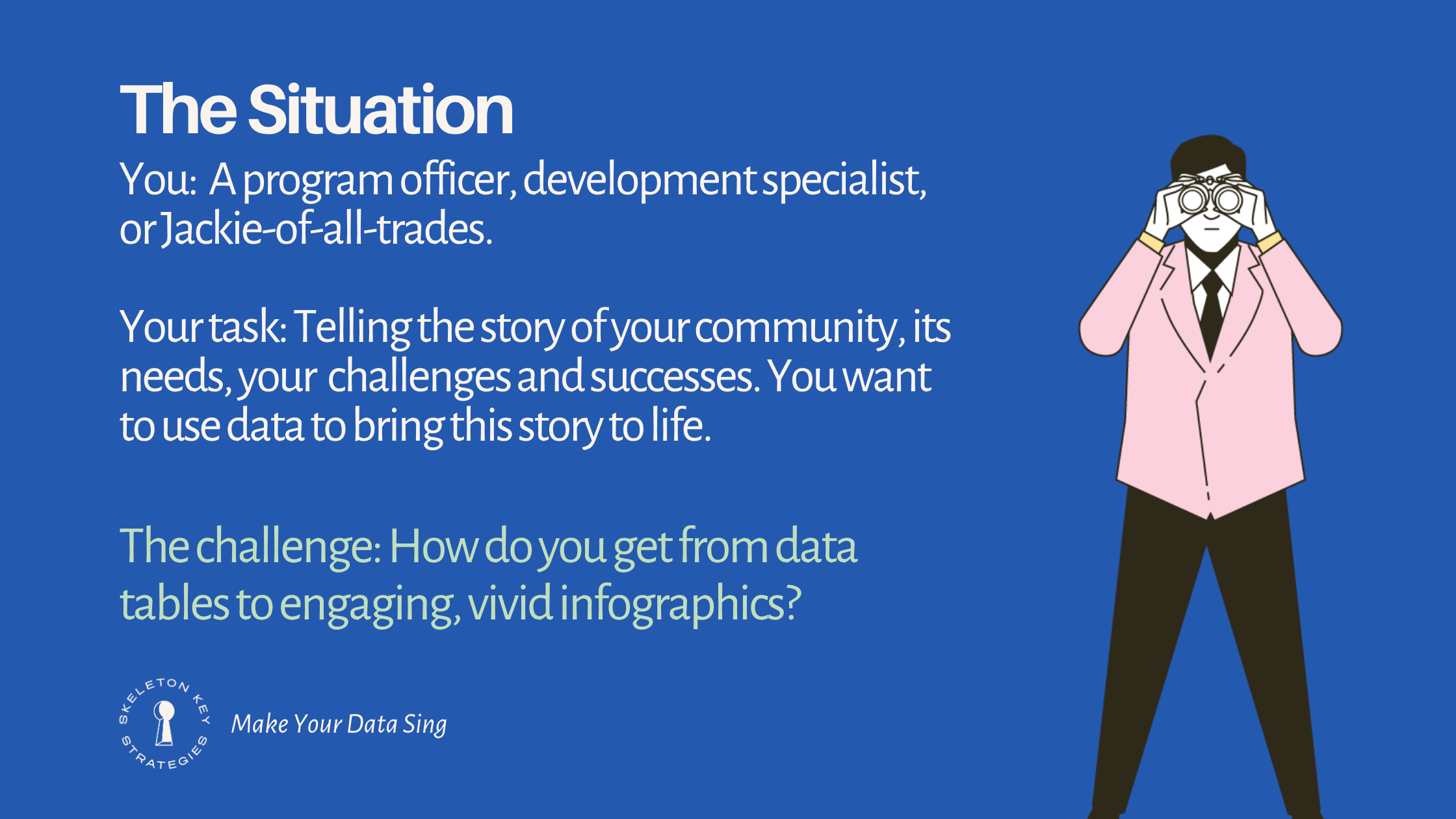 Blue background with white text. Title "The Situation" at top. Body text describes the audience as program officers, development specialists, or generalists tasked with telling their community's story through data. An illustration of a person in pink jacket holding binoculars appears on the right. Question at bottom asks how to get from simple tables to engaging infographics.